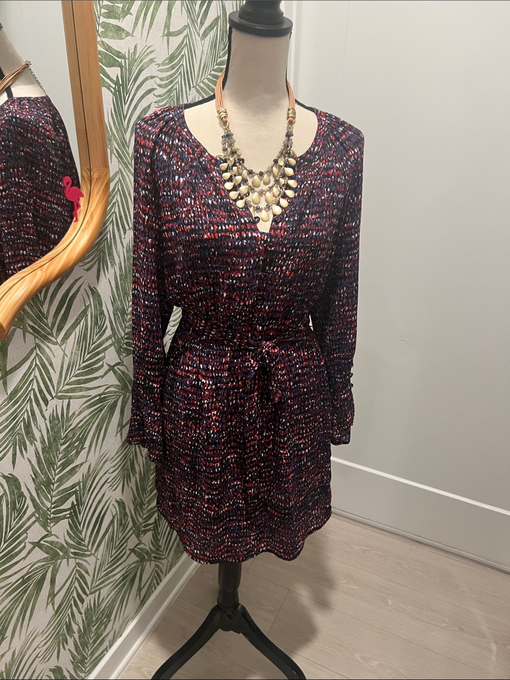 DR2 Navy Multi-Color Long Sleeve Tie-Waist Dress